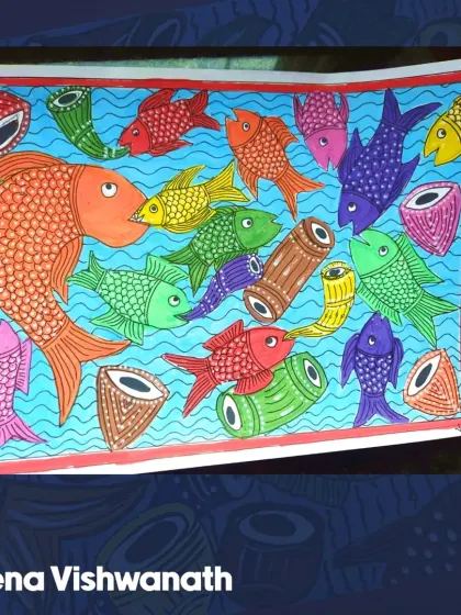 Veena Vishwanath's stunning piece from the Bengal Pathachitra workshop. The composition is full of life, with each fish uniquely colored and patterned.