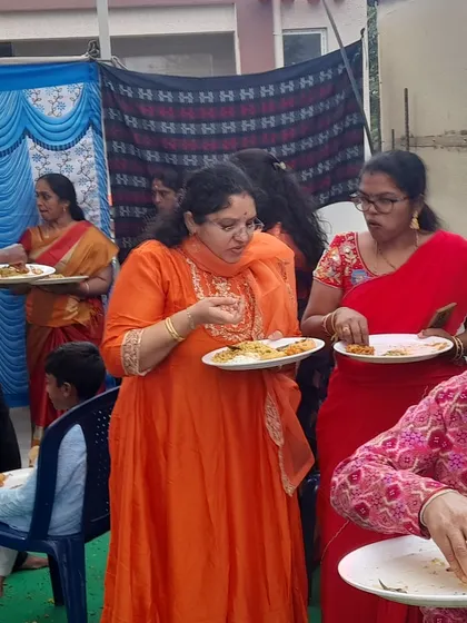 Guests eat from plates at the Ayyappaswamy pooja we catered in Seegehalli, KR Puram, Bengaluru.