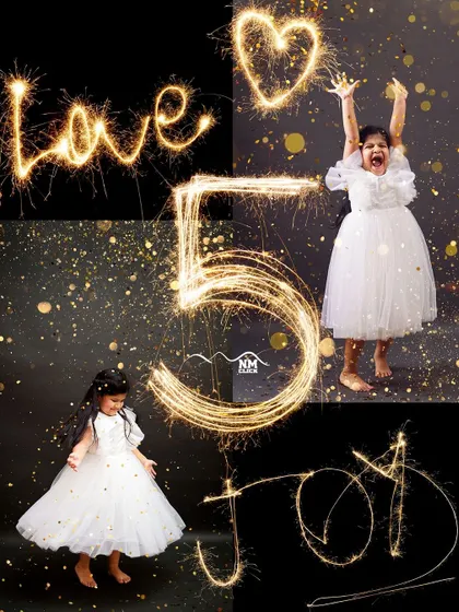 Let the sparks fly for the fifth birthday. This creative sparkler light painting collage is a unique way to celebrate a big milestone and create a truly magical portrait.