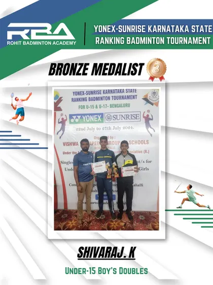 The official poster celebrating Shivaraj K.'s bronze medal at the state ranking tournament. We proudly showcase our athletes' achievements.
