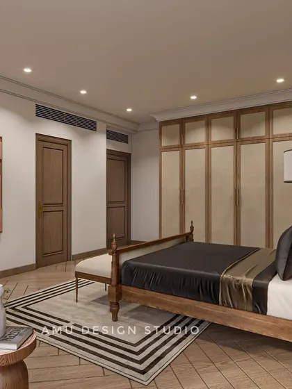 A 3D rendering of a bedroom concept, featuring a classic wooden bed, a custom wardrobe with fabric and wood panels, and a warm, earthy color palette for a timeless feel.