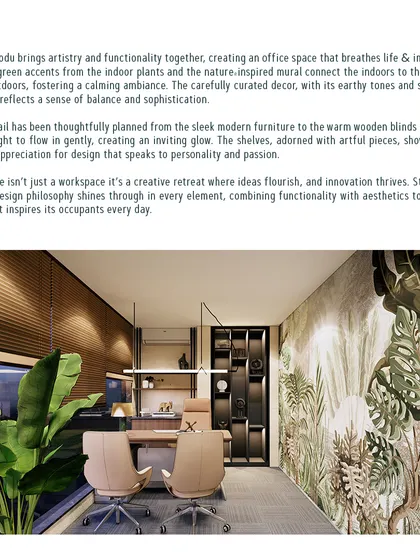 My design philosophy is about bringing artistry and functionality together. This graphic explains how I use biophilic design, like indoor plants and nature-inspired murals, to create a calming and sophisticated ambiance.