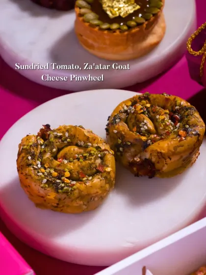 Sundried Tomato & Za'atar Goat Cheese Pinwheels. These savory pastries are bursting with Mediterranean flavors.