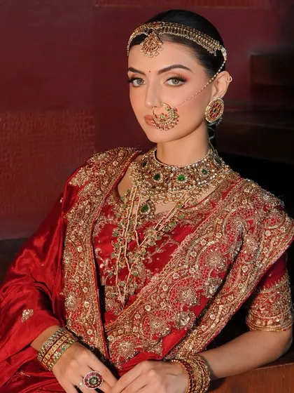 A close-up on the essence of a traditional bride. The styling focuses on the layering of jewellery, from the nath to the choker and rani haar, complementing the rich red Akriti by Shakun lehenga.