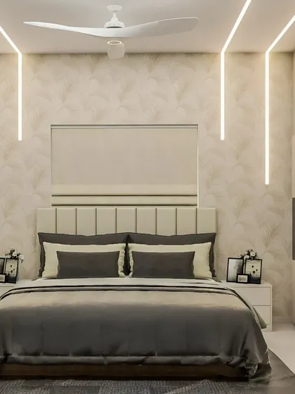 A render of a modern bedroom with a focus on ambient lighting. The design includes vertical LED strips flanking a padded headboard and a large wardrobe with integrated mirrored panels.