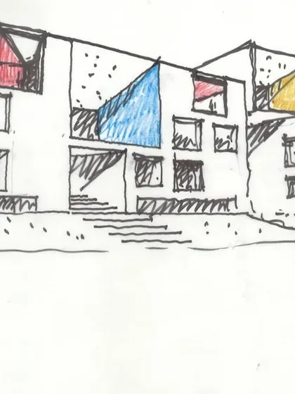 A facade sketch for VIT using bold, colorful geometric shapes to create a playful and creative identity for the architecture school.
