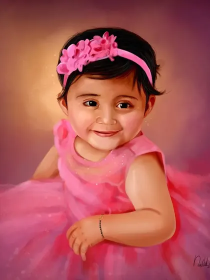 An adorable digital painting of a baby girl in a pink dress. I take special care to capture the innocence and joy of children in these portraits.