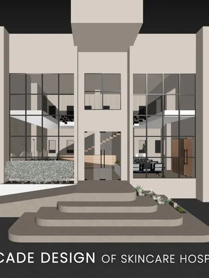 This series shows our complete design process. It starts with detailed on-site measurements, moves to conceptual sketches of the layout, and finishes with the final 3D model of the building's facade.