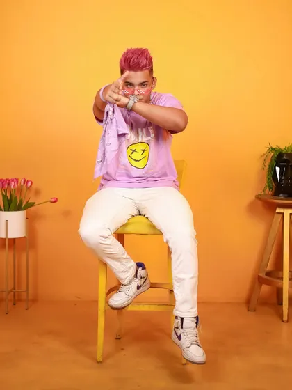 A fun, engaging pose perfect for social media content.