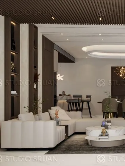 Another perspective of the Krishna Park lobby, demonstrating how the open layout and consistent material palette create a spacious and harmonious living environment.