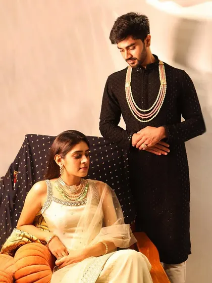 Double the charm. She looks radiant in a detachable Polki necklace with emeralds, while he looks regal in a piece from my Polki collection for men. A perfect pair for any festive occasion.