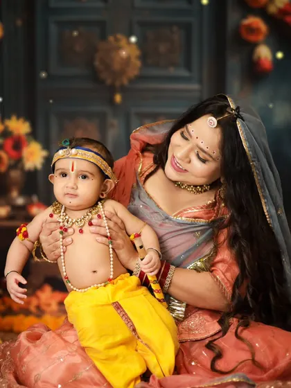 A beautiful portrait of Yashoda with her little Krishna. We encourage mothers to be part of these shoots to capture that special bond.
