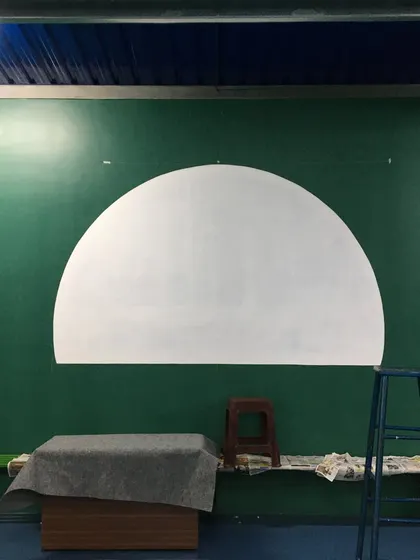 The very beginning of the 'Twin Bee Sports Arena' project, starting with a blank wall. This shows the potential for any plain surface to become a canvas.