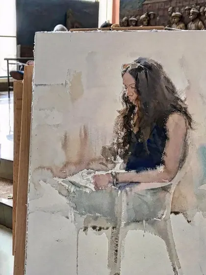 A watercolour portrait sketch from a World Art Day celebration in Pune. The setting was informal and the energy was great.