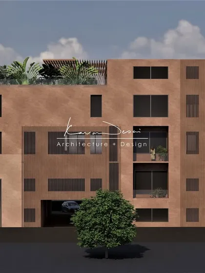 This architectural render showcases a complete lifestyle vision. An earthy, modern home with clean lines and bold volumes, crowned with the ultimate escape: a private rooftop garden and pool. This is where architecture and lifestyle become one.