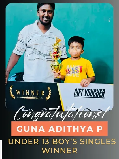 Congratulations to Guna for winning the Under-13 Boy's Singles title. His performance in the state open tournament shows the effectiveness of our competitive training program.