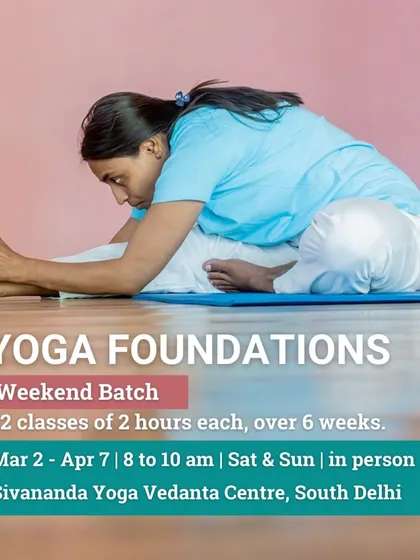 We offer weekend batches for our Yoga Foundations course, allowing you to immerse yourself in the practice over 6 weeks. The student is in Yoga Mudrasana, a posture for deep forward bending and introspection.
