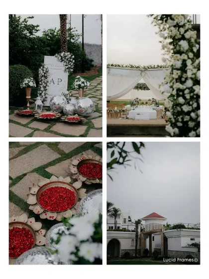 A collage of the beautiful wedding decor, from the floral arrangements to the welcome sign, showcasing the details that make each wedding unique.