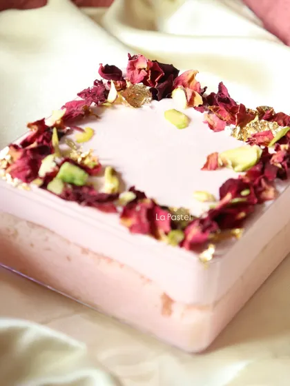Another look at the beautiful Rose Tres Leches tub, with its soft pink hue and elegant toppings.