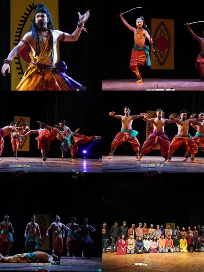 A collage showcasing various moments from a single Mayurbhanj Chhau production. It displays solo portrayals of deities, group fight sequences, and the final bow with the entire cast.