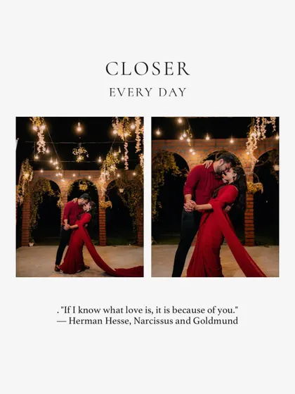 A beautifully designed graphic featuring a romantic pre-wedding photo with a quote, perfect for sharing as a digital announcement.