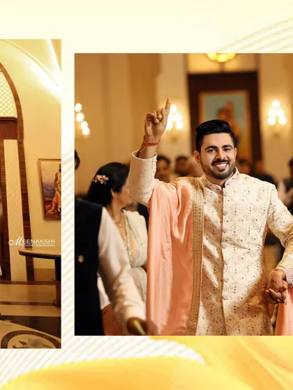 A collage featuring the groom's energetic entrance and a posed shot with his bride. It captures the celebratory mood and his happiness.