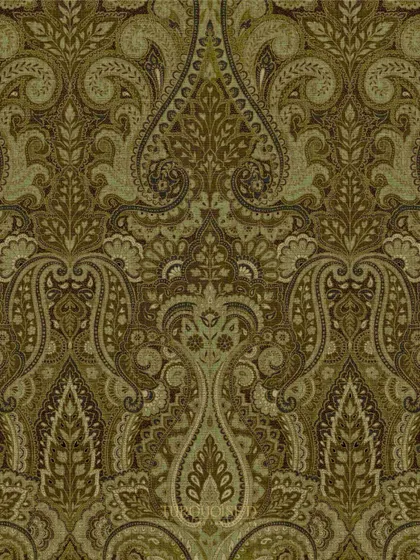 The Begum Jaal pattern shown in a muted olive green. This colorway gives the traditional Jamawar-inspired design a more contemporary and earthy feel, perfect for modern Indian homes.