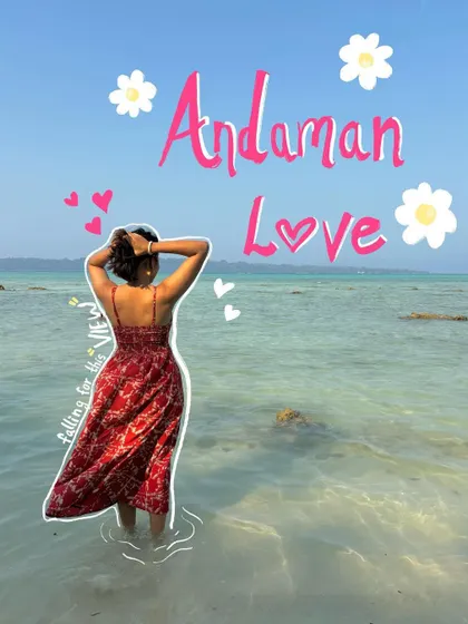 Andaman Love. This photo is turned into a cute poster with bold text, an outline, and flower doodles.
