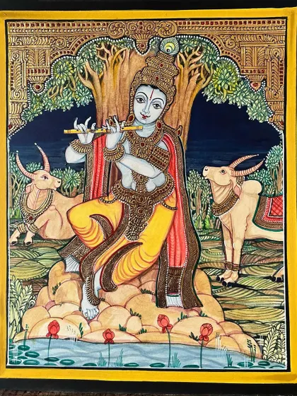 A beautiful painting of Lord Krishna playing his flute, surrounded by his beloved cows. This is part of our accessible 10x12 inch size range.