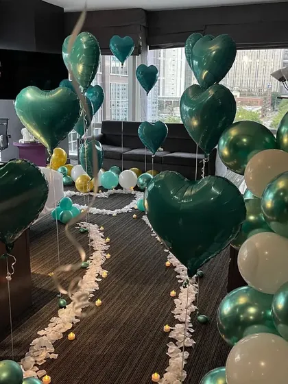 A different take on our romantic room decor, using a sophisticated dark green and white color palette for a modern and elegant feel.