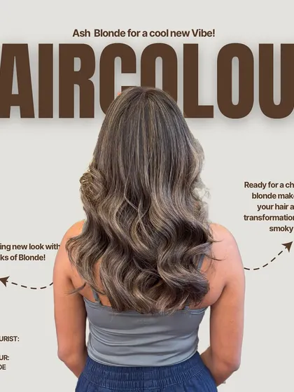 An ash blonde makeover is perfect for a cool, chic new vibe. This graphic showcases a refreshing look with smoky tones and streaks of blonde, a popular choice for those wanting a modern and sophisticated hair colour.