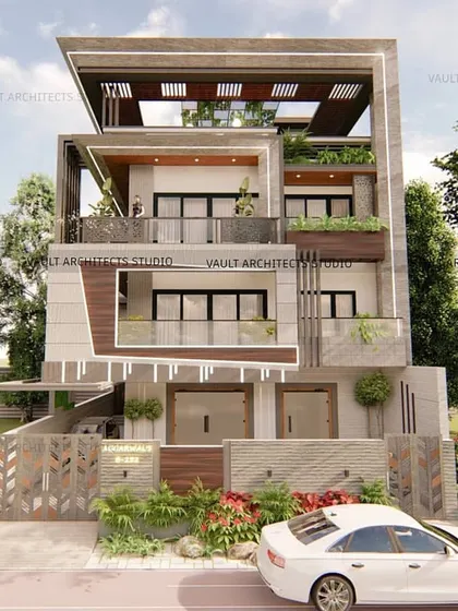 This is the 3D render for an upcoming modern villa in Noida. It showcases the clean lines, material interplay, and landscape integration that define my contemporary architectural style.