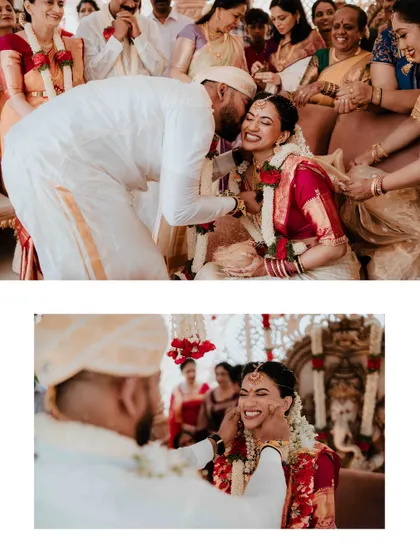 A collage of tender moments from N and S's wedding ceremony. The groom's gentle kiss and the bride's joyful expression are beautifully captured.