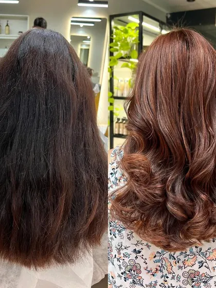 A before and after of a copper brown transformation. We took her from dark and uniform to bright and dimensional with this stunning shade.