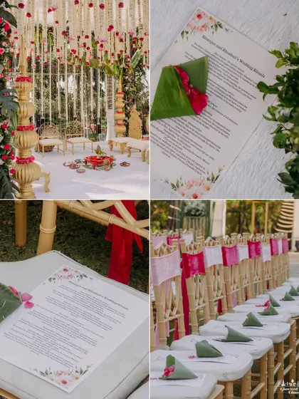 The thoughtful details of Khushali and Niranjan's ceremony, from the elegant mandap setup to the personalized wedding programs for guests.
