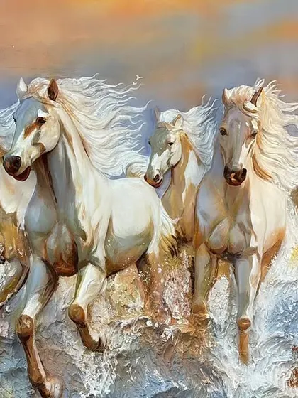 A close-up shot focusing on the incredible detail of the horses. Each muscle, flowing mane, and splash of water is individually sculpted and painted for maximum realism.