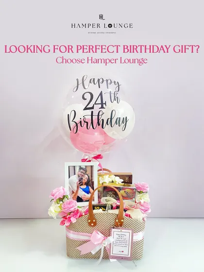 A birthday gift designed for a bestie's 24th. This hamper includes a personalized photo frame to celebrate your friendship, a festive balloon, and her favorite treats, all beautifully arranged in a chic tote-style basket with pink floral accents.