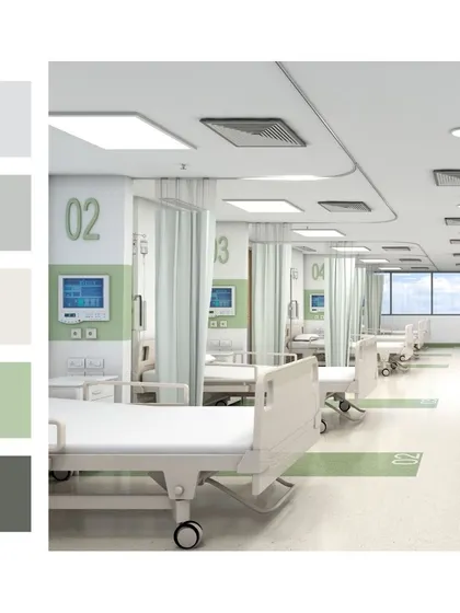 This rendering of a multi-bed ward uses a soft green color for zoning and wayfinding. The design ensures that even in a shared space, each patient has a defined area with easy access to medical equipment.
