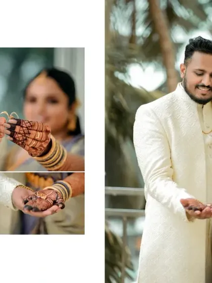 An album-style layout showcasing the engagement ring exchange and a lovely couple portrait from the ceremony.