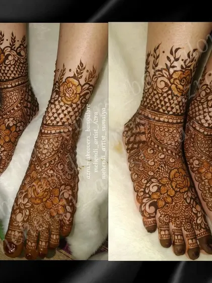 A collage of a beautiful bridal foot design, featuring roses and net patterns for a romantic look.