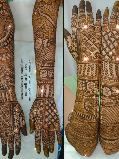A collage showing two different bridal designs, both featuring intricate, full-arm coverage.