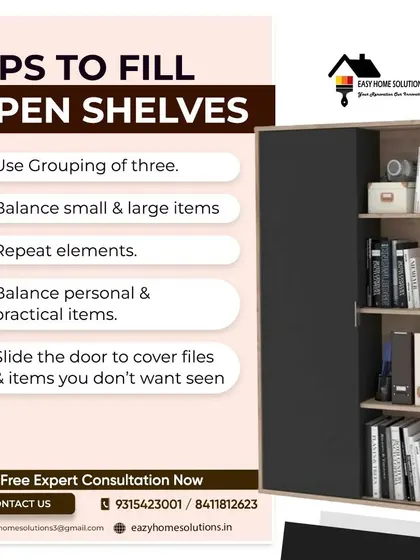 Open shelves can be stylish but tricky to organize. Here are our top tips for styling them, including using groups of three, balancing item sizes, and using sliding doors to hide clutter.