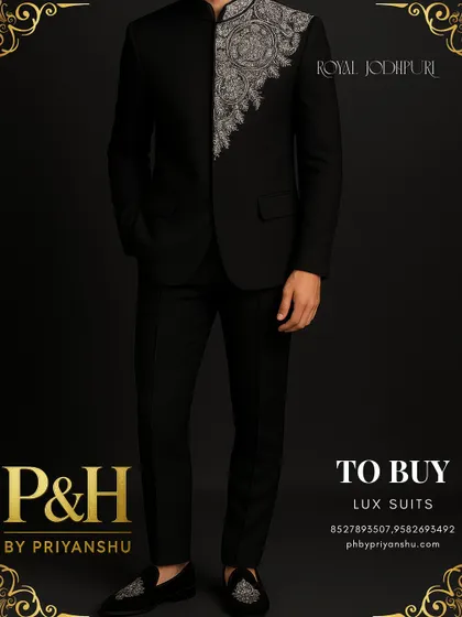 A three-quarter view of the black Jodhpuri, showcasing its slim, tailored fit and the placement of the stunning silver embroidery.