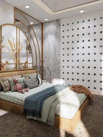 Another view of the teenager's room, highlighting the soft lighting and cozy bedding. The design creates a comfortable and personal space that feels both youthful and elegant.
