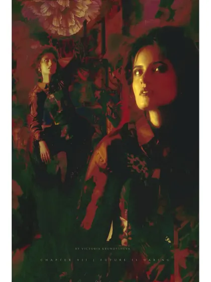 A double exposure image from "Love in Future Past," blending the character with her surroundings to represent being lost in thought and memory.