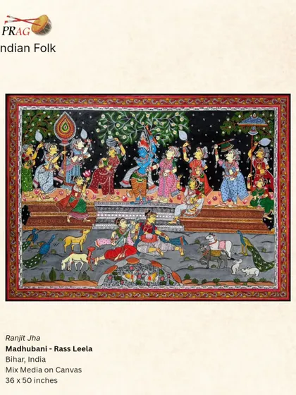 A 'Raas Leela' scene in the Madhubani folk art style, capturing the divine play with a rich, narrative quality and distinctive aesthetic.