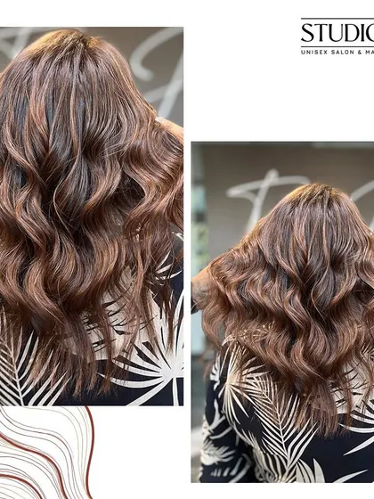 A collage showing different angles of a beautiful balayage, highlighting the seamless blend and expert styling.