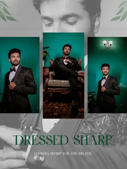 A modern, graphic-style collage of the groom's portraits.