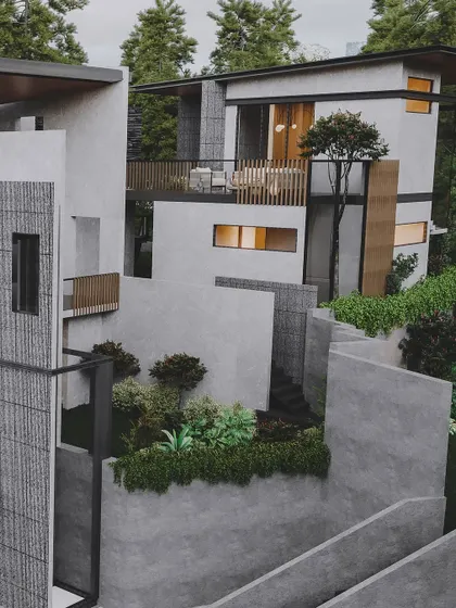 A different angle of the Kasauli project, this render provides a clearer view of the terraced landscaping and outdoor living spaces. The focus is on how the architecture creates functional areas on a challenging, sloped site.
