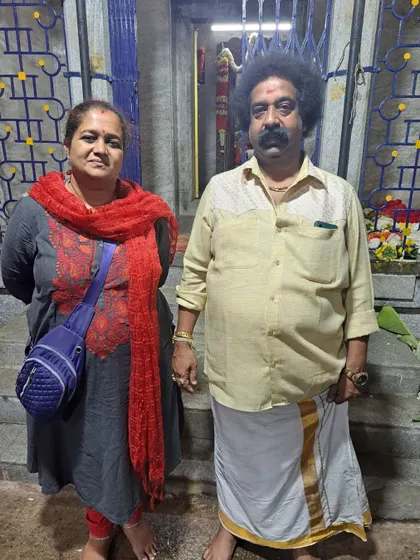 With Sri G P Devraj, one of the main Ganachari of the Dharmarayana temple, who shared insights about the Karga rituals.